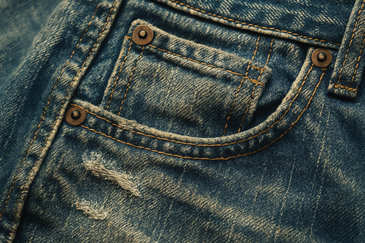 Close-up detail shot of vintage early 2000s jeans showing authentic wear patterns, pocket stitching, and denim texture, macro photography style, nostalgic Y2K vibes